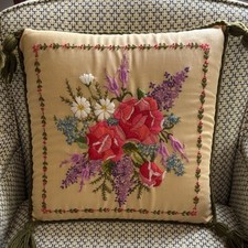 Embroidered Floral Pillow with Tassels, vintage 15  x 15  multi colored.