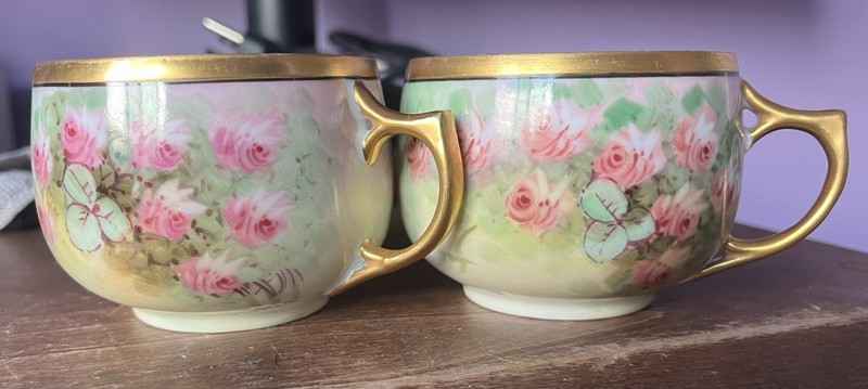 Vintage Hand-Painted Bohemian Porcelain Tea Cups with Gilt Trim
