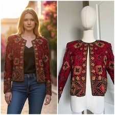 VTG Adrianna Papell Evening Jacket Red 100 Silk Beaded Sequins Sz S 90s Holiday