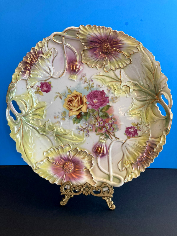 ILMENAU GERMANY NONNE& ROESCH 19TH C ART NOUVEAU FLOWER DESIGN CHARGER PLATE 13"