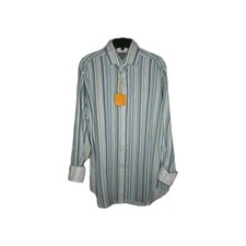 Thomas Dean Mens L Classic Long Sleeve Green Multi Stripe Dress/Casual Shirt