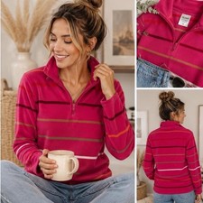 Blair Fleece Pullover Medium Pink Striped 1/4 Zip Cozy Fall Sweatshirt
