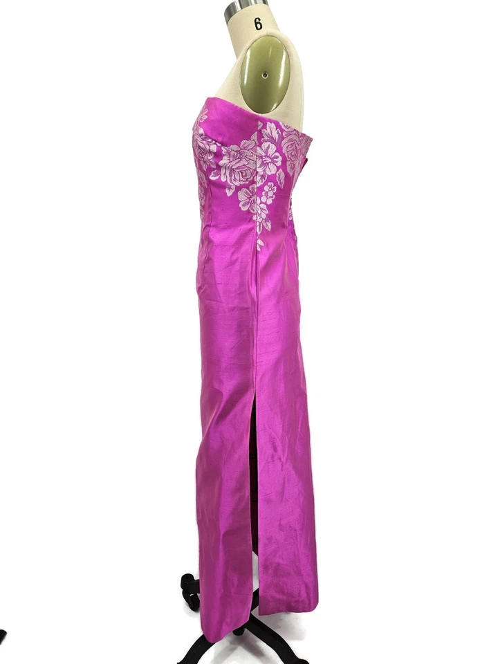 Vestido de seda sin tirantes rosa brillante Escada para mujer 34 largo abertura floral rosas Foto 4 de 4