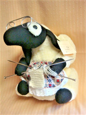 Handmade 12" WOOL SHEEP DOLL by WOOLERY LANE Knitting & Wire Rim Glasses & Apron