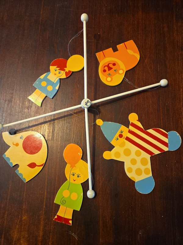 Vintage Wooden Crib Nursery Mobile Hanging Bar Clowns & Circus Theme Multicolor