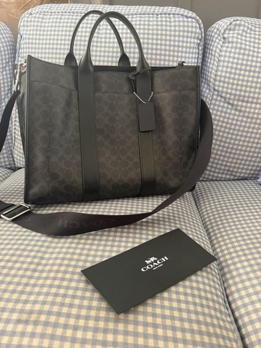 Coach Signature Monogram Wesley Tote Bag Black Gray w/ Detachable Strap & Scarf