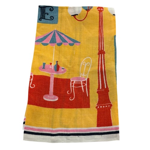 Vintage Napkin Tea Towel Napkin MCM Yellow Cafe Print Linen