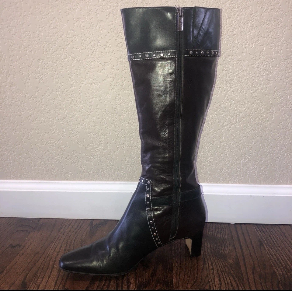 Brighton Taos Marrón Negro Alto Plata Tachonado Cuero Botas Tacón Hebilla Talla 7.5 Foto 4 de 4