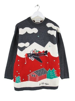 Vintage Womens Dog Plane Motif Sweater Gray L