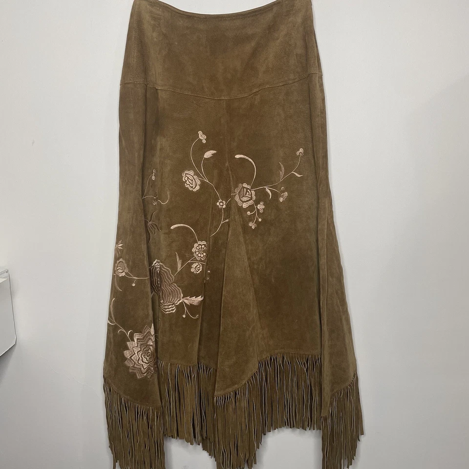 Falda de Cuero Gamuza Flecos Bordada Marrón Boho Western Hippie Festival Talla 4 Foto 3 de 4