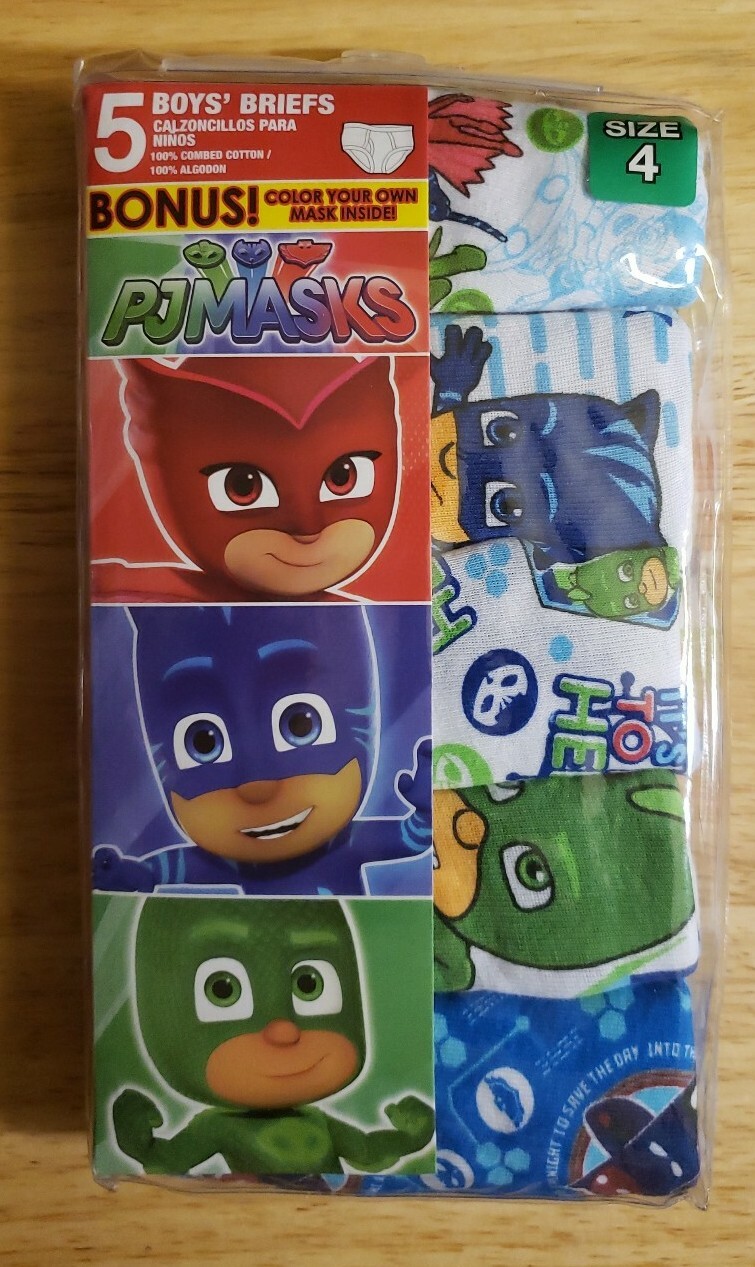 PJ Masks Boys Briefs - Size 4 Underwear - 5 Pack Plus a Color Your Own Mask  New