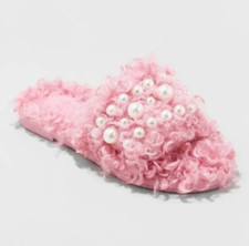 NEW Cat Jack Girls Adeline Embellished Pearl Fuzzy Slide Slippers Size 1