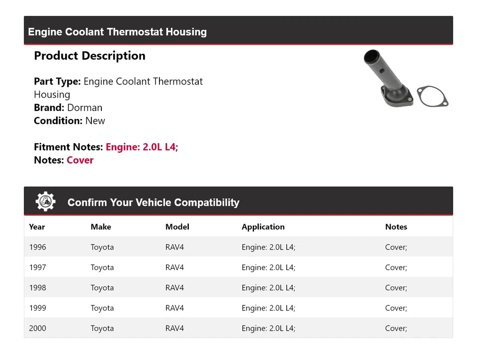 Carcasa termostato refrigerante motor Dorman 2,0 L para Toyota RAV4 1996-2000 1997 Foto 2 de 4