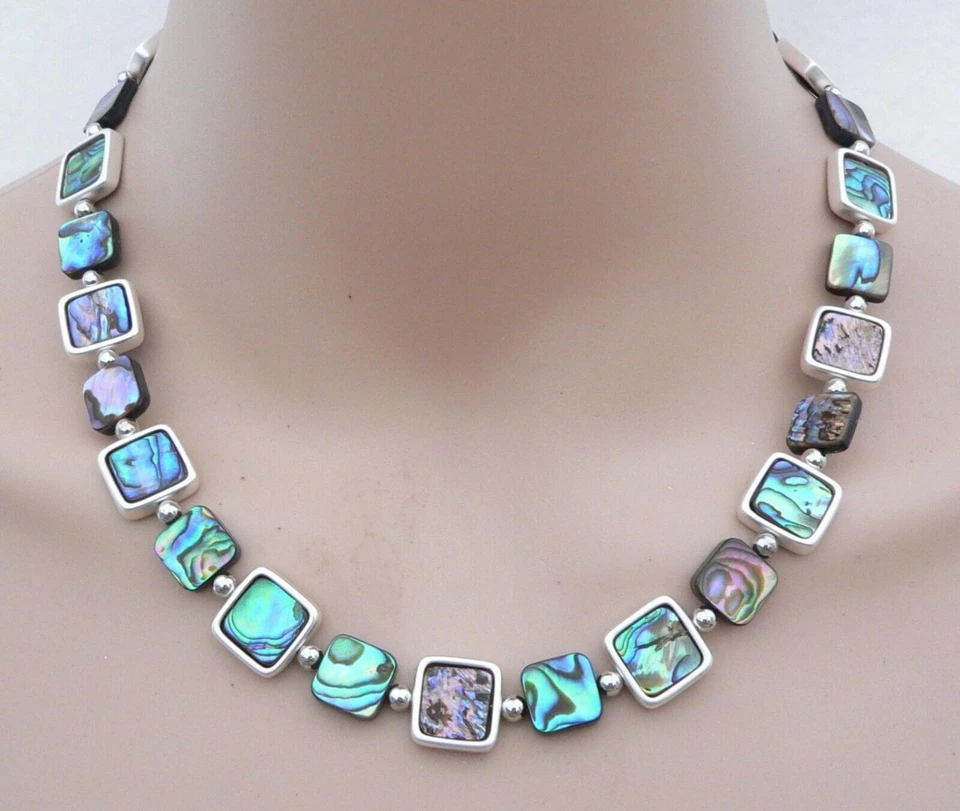 Halskette Quadrat Abalone Paua Muschel, Rahmen 925 Sterling versilbert 365a - Bild 2 von 4