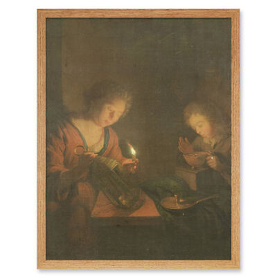 Schalcken Feuer und Licht Kerze Kohlen Gemälde Wandbild Druck gerahmt 12x16