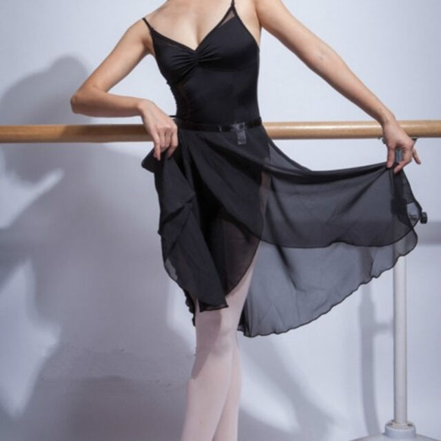 Women Professional Ballet Dance Wrap Skirt Dress Long Chiffon Adult Black