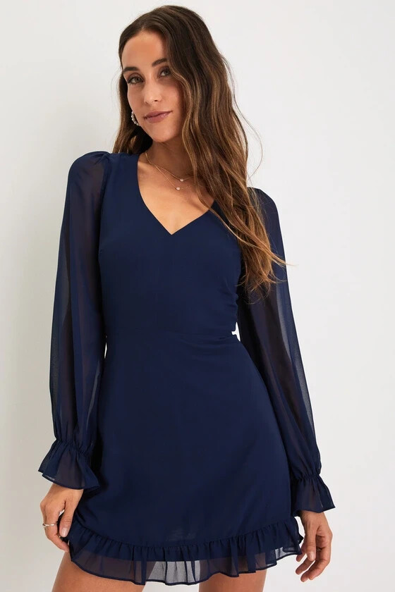 lulus blue ruffle dress Sheer Attraction Navy Long Sleeve Ruffled Mini Lulus Size Small Primark | Dresses | New Arrivals Spring 24 Hidden zipper/clasp at back Women's Size:8.5