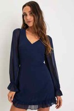 Lulus Sheer Attraction Navy Blue Long Sleeve Ruffled Mini Dress Lulus Size Small