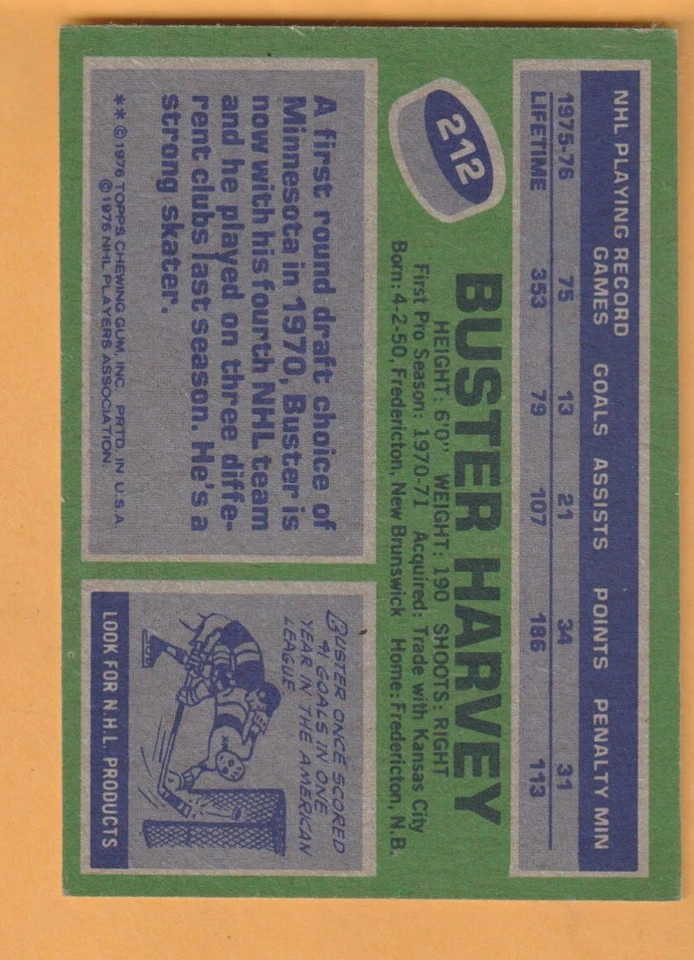 Buster Harvey Detroit Red Wings 1976-77 Topps #212 - Image 2 of 2