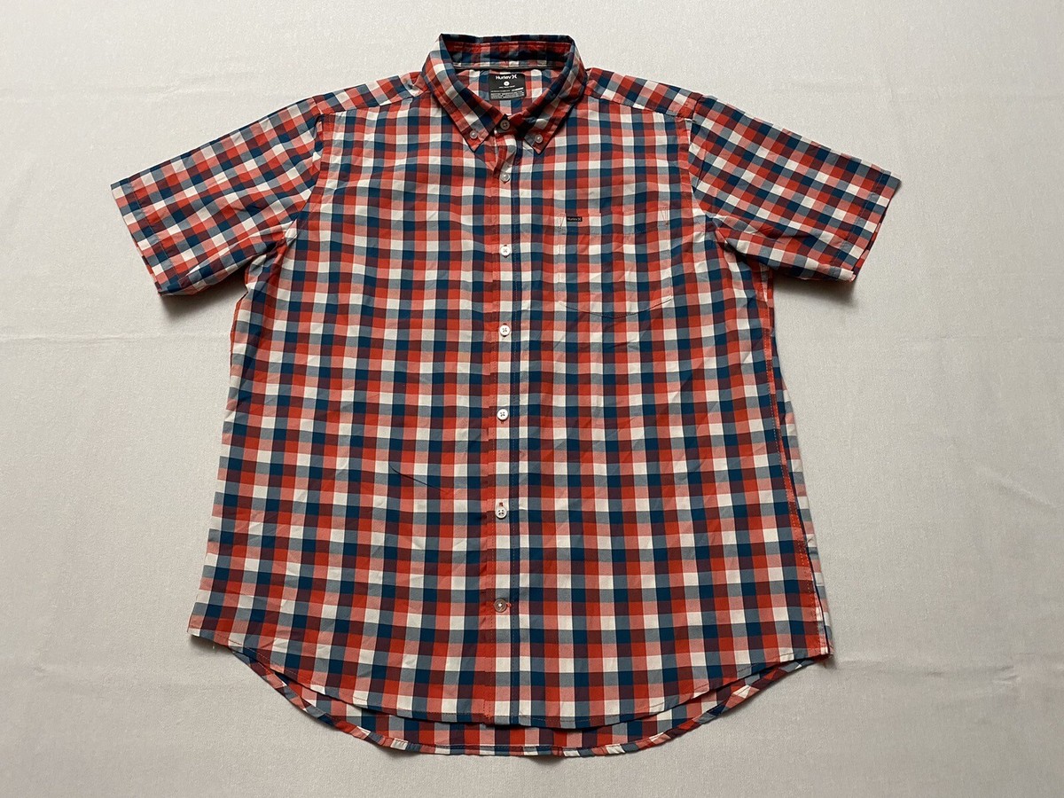 Hurley Nike Dri-Fit Mens Checkered Button Down Pocket Shirt Short Sleeve  Size L