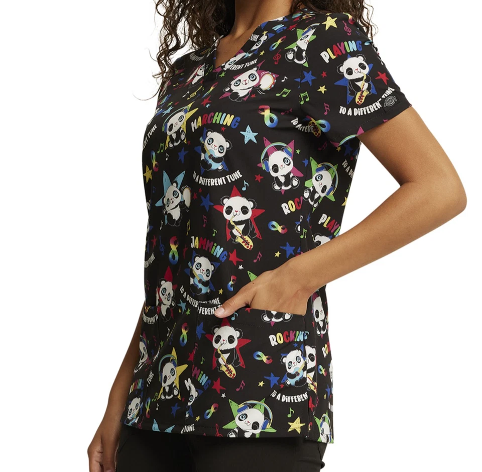 Womens Dickies EDS Scrubs Top V-Neck Print DK717 size S/Modern Classic/Panda - Image 4 of 4