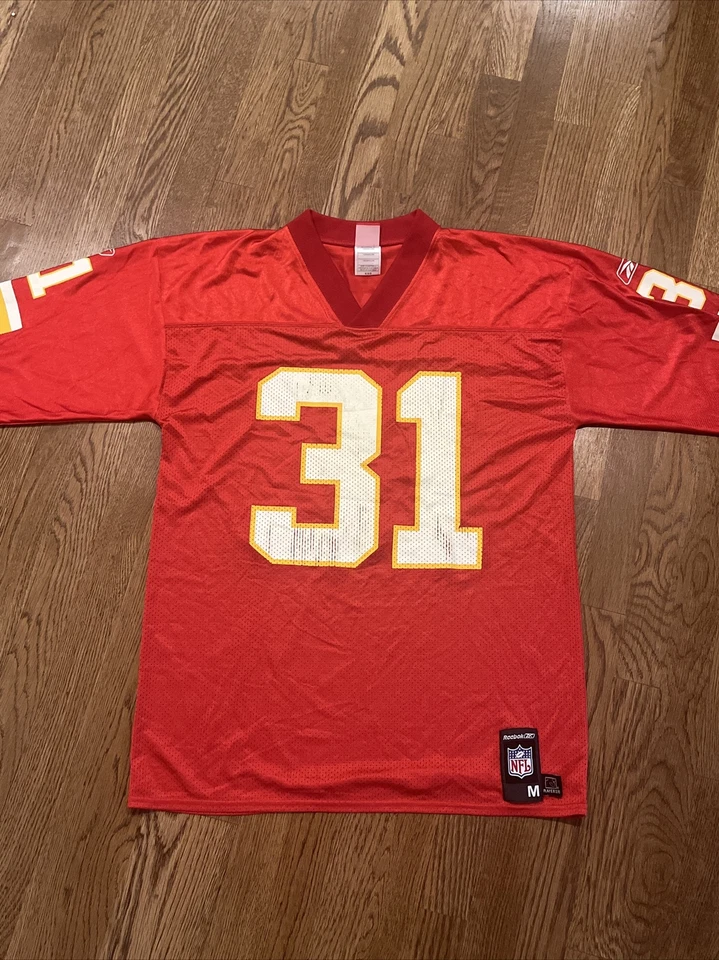 Camiseta masculina Priest Holmes Kansas City Chiefs tamanho médio Reebok vermelha vintage - Imagem 2 de 4