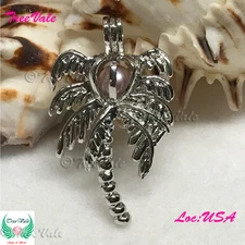 Palm Tree - Silver Plated - Locket Pearl Cage Pendant - Hold 6mm - 8mm Pearl