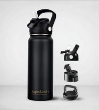 Insulated Stainless Steel Water Bottle 750ml Straw Lid 3 Caps Thermal Flask