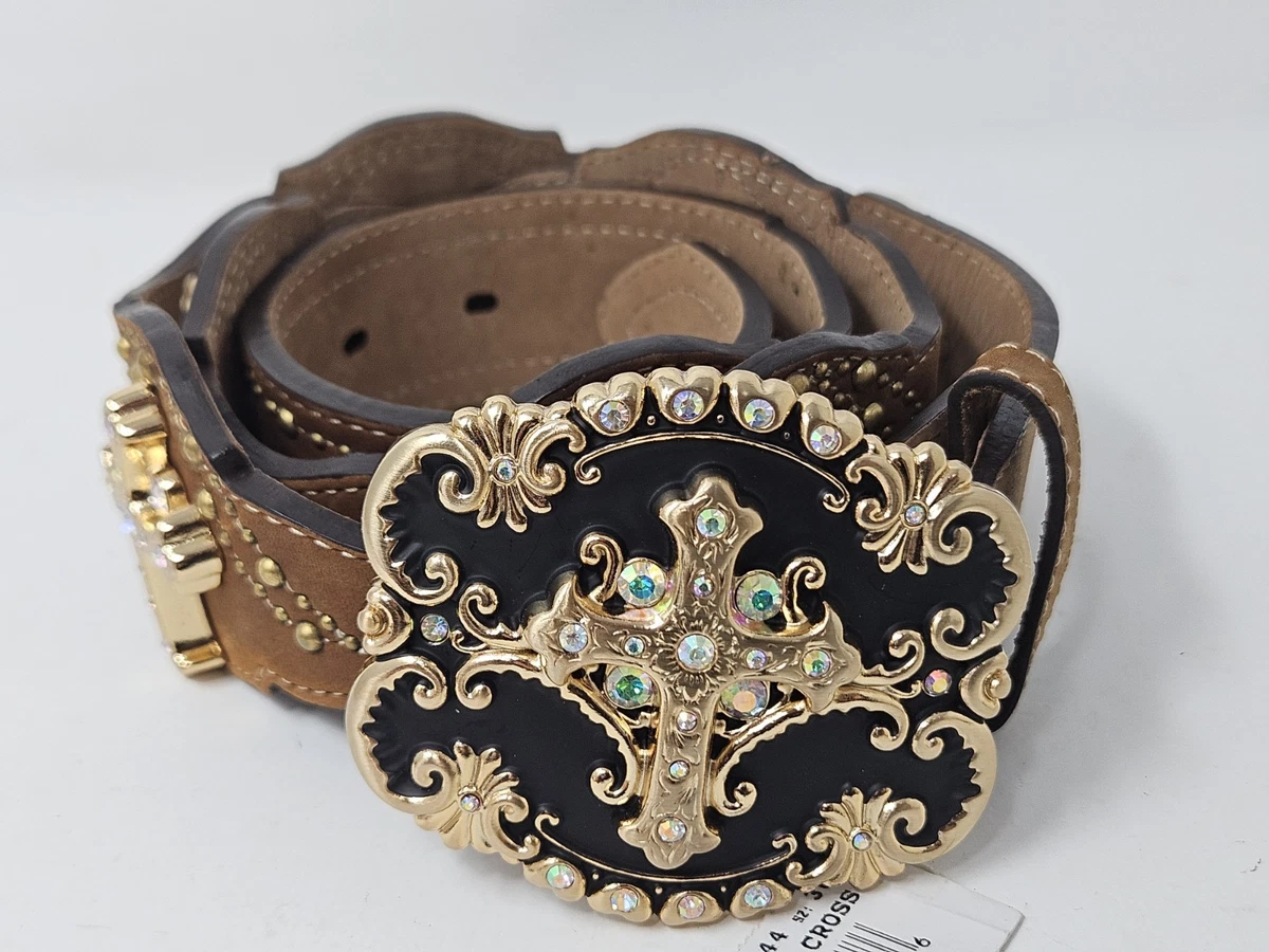 Justin Boots Western Cowgirl Leather Dangling Cross Belt Studded Buckle Sz 32 Leather brass studded belt.2 inches wide by 30 inches.it  main image 4