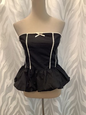 Pie in the Sky Black Strapless Bubble Hem Shirred Back Peplum Top L
