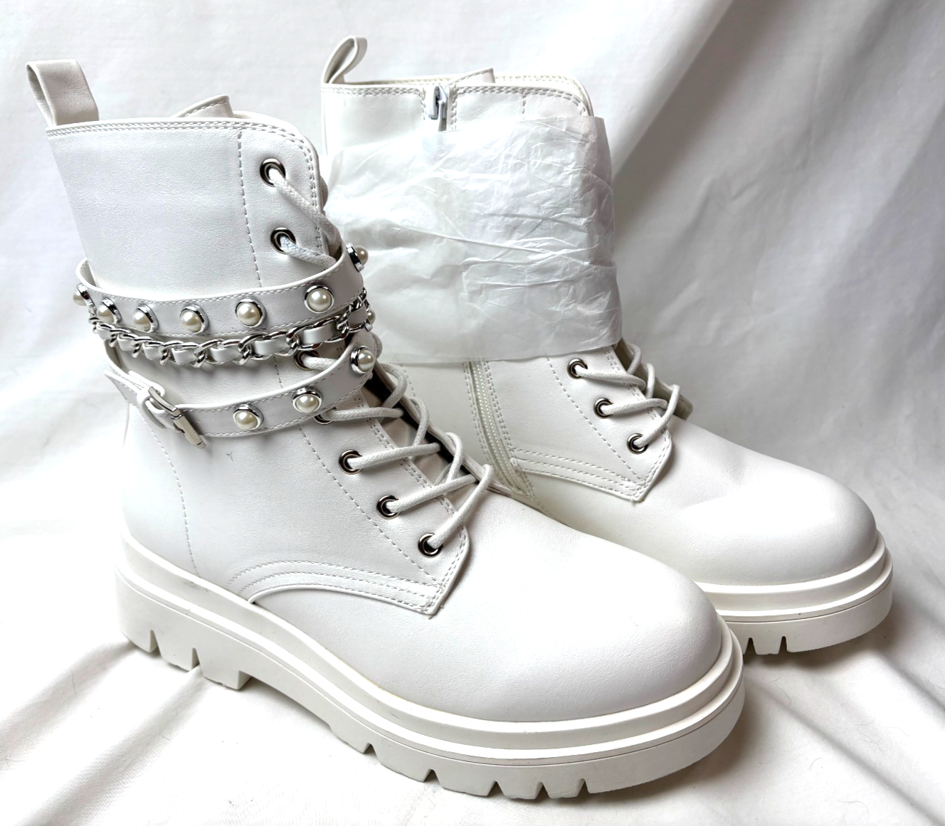 SAOLA DREAM PAIRS Stivali da combattimento donna moda 8 5 bianchi zip lacciati suola a strappo perle