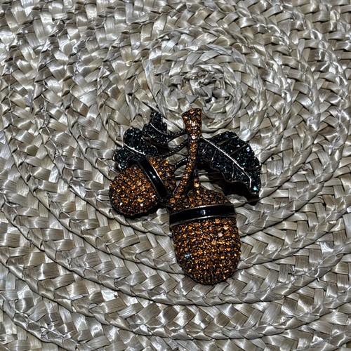 Vintage Art Nouveau Amber & Green Pave Rhinestone MCM Cast Acorn Pin Brooch - Picture 3 of 3