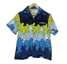 VTG Sears Hawaiian Fashions Pineapple Crazy Print Barkcloth Shirt Mod Hippy 60s