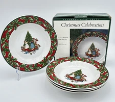 Set of 4 International Tableworks Christmas Celebration Rimmed Soup Bowls 9"
