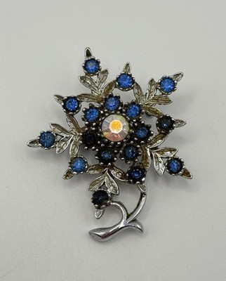 Vintage blaue Strass Floral Spray Brosche Aurora Borealis Anstecknadel
