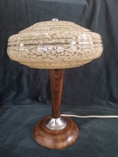 Lampe de table bois métal abat-jour verre moucheté, Style Art