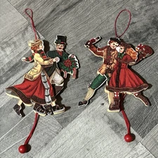 2  Man & Woman Dancing PULL STRING JUMPING JACK TOY ORNAMENTS~DUAL SIDE WOOD W9