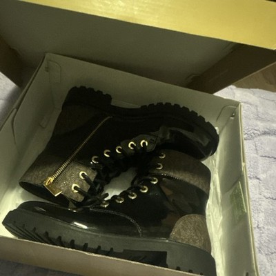 Michael Kors Black Brown Logo Print Ankle Combat Boots Lace  display picture 2