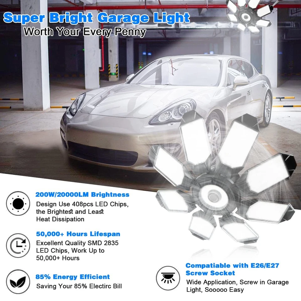 Garage Lighting - 80000LM Super Bright 6500K Garage Lights Ceiling Led w/ 8 D... - Image 2 of 4