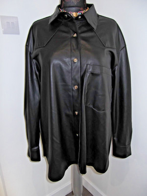 NEW PULL&BEAR PU FAUX LEATHER SHIRT SHACKET JACKET XL 46'' CHEST BLACK