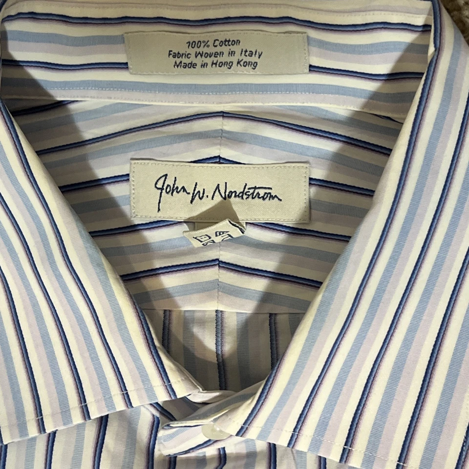 Рубашка мужская John W Nordstrom размер 17 1/2-34 синяя полоса 100% хлопок на пуговицах - Изображение 2 из 2