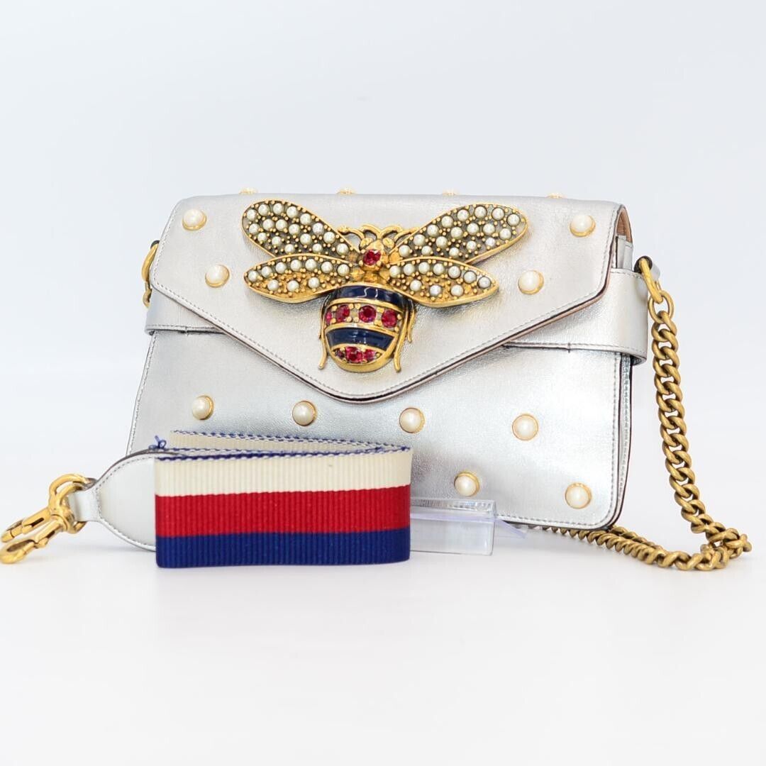Authentic GUCCI Broadway Pearl Bee Shoulder Bag Ivory 453778 Authentic GUCCI Broadway Pearl Bee Shoulder Bag Ivory 453778