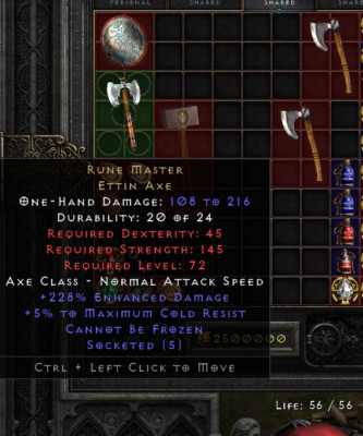 DIABLO 2   5OS Open Socket Rune Master, unique Ettin Axe  PC Xbox Non Ladder SC