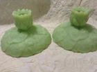 VINTAGE FENTON GREEN SATIN/CUSTARD GLASS WATER LILY CONSOLE CANDLE HOLDERS