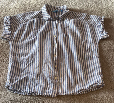 Draper James RSVP Blue White Striped Short Sleeve Button Up Linen Cotton Top L