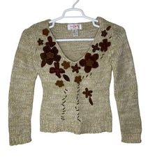 Rene Derhy Sweater Women's 6 Tan Lambs Wool Angora Blend Knit Floral Boho Indie