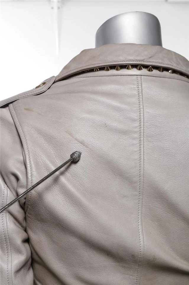 Abrigo Chaqueta Recortada BURBERRY PRORSUM Cuero Taupe Dorado Pico Tachonado 2 XS Foto 3 de 4