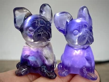 1.6" Natural Rainbow Fluorite Carved French Bulldog Crystal dog Reiki Heal 1pc