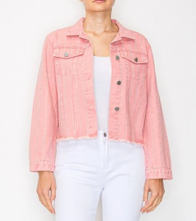 ORIGAMI DENIM JEAN JACKET embellished rhinestones SM-2X (7-colors) classic PINK