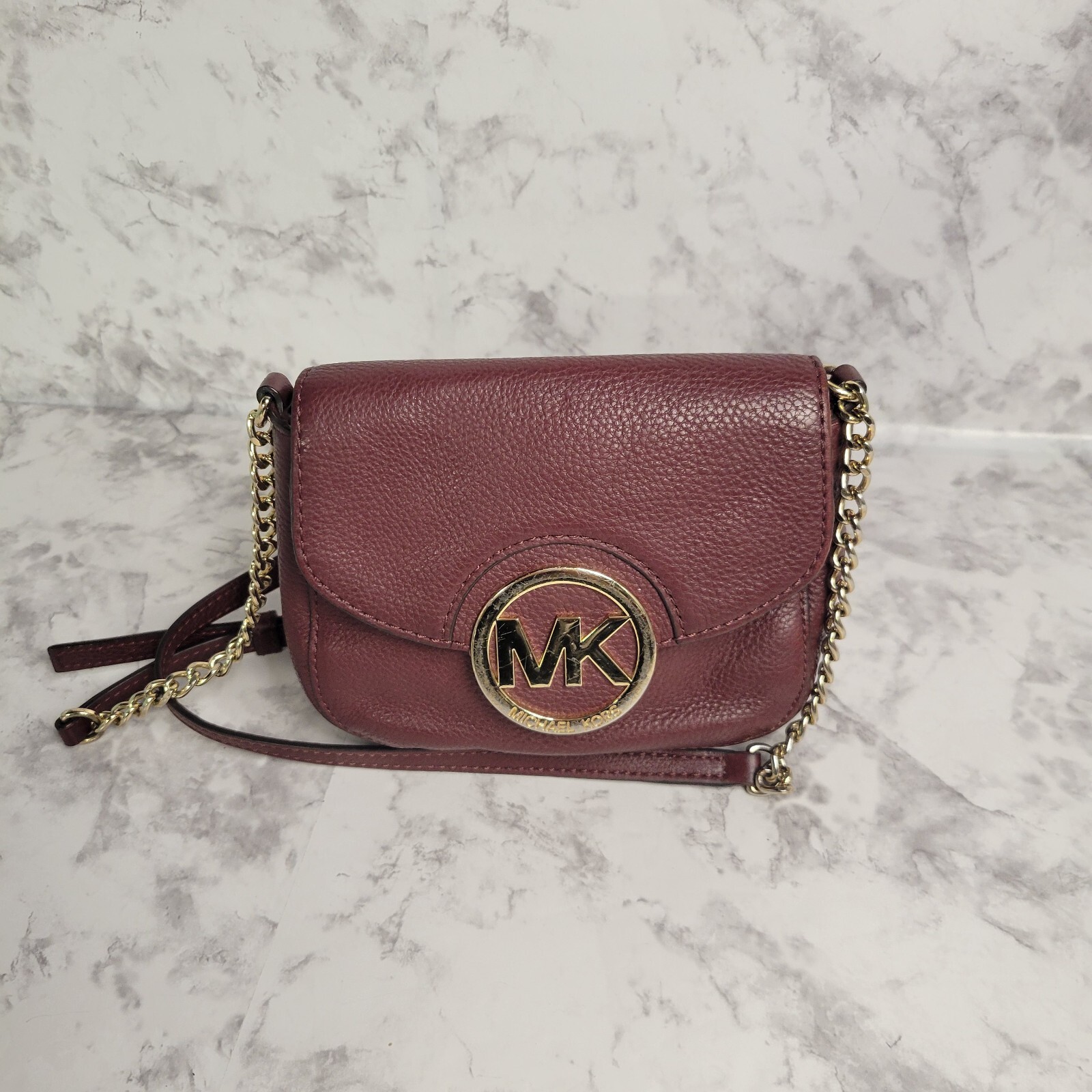 Michael Kors Fulton Leather Burgundy Crossbody Bag Purse Gold Chain Cute Small
